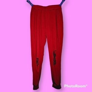 Maroon Women's Ripped Casual Baggy Joggers Pants Size XL